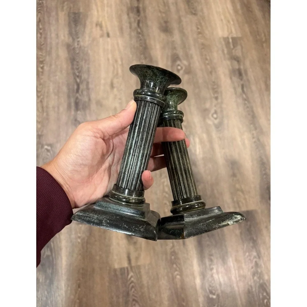 Vintage Green Patina Metal Fluted Column Candle Holders Pair 7